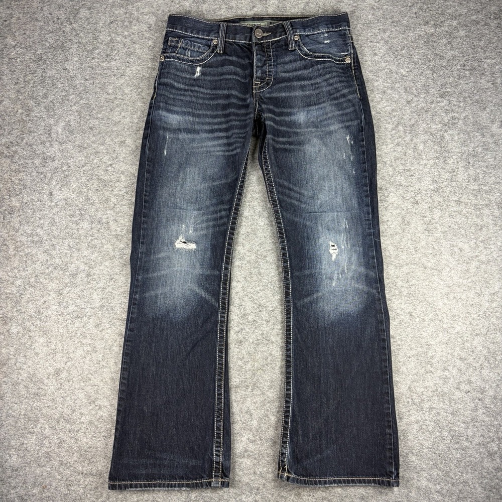 BKE Fulton Jeans Bootcut Mens 32x29 Blue Dark Wash Denim Distressed Button Fly